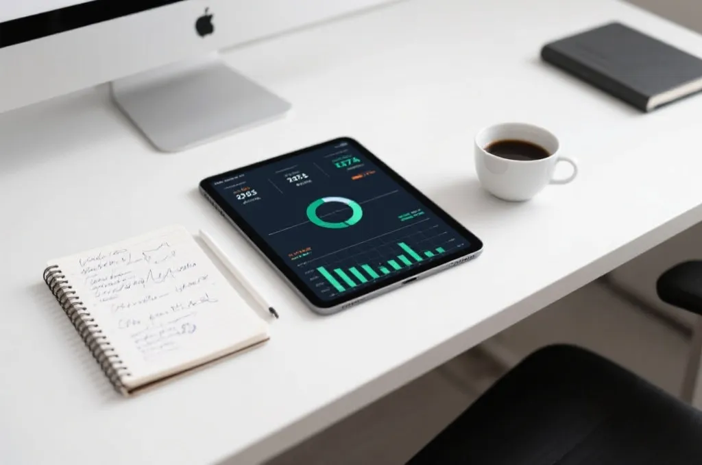 A clean, modern workspace with a tablet displaying abstract sports statistics and charts, a notebook with hand-written tactical notes, and a cup of coffee, shallow depth of field, editorial style
